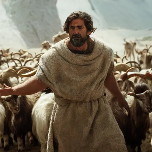 Image similar to Cinematic still portrait of ugly Mediterranean skinned man dressed in Biblical Shepherd Clothing with a flock of goats, Biblical epic film dramatic angles, directed by Steven Spielberg