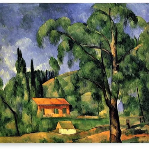 Prompt: small homestead on the edge of a lake, by Paul Cézanne