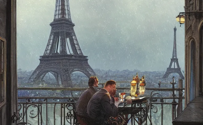 Prompt: elegant man drinking coffee at balcony in france, city with big eiffel tower seen behind, late night raining, highly detailed characters, by greg rutkowski, alphonse mucha, beeple, sharp focus, digital art, smooth, light refraction, pixiv art, volumetric lighting