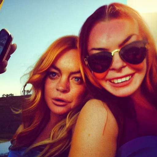 Image similar to Selfie photograph of Lindsay Lohan and Lindsay Lohan, golden hour, 8k,