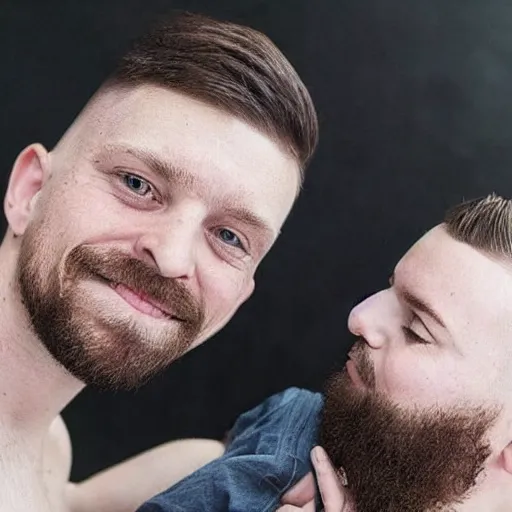 Prompt: a photo of a white man with a mid fade haircut and level 1 clipper beard that is happy with his 3 month year old baby boy.