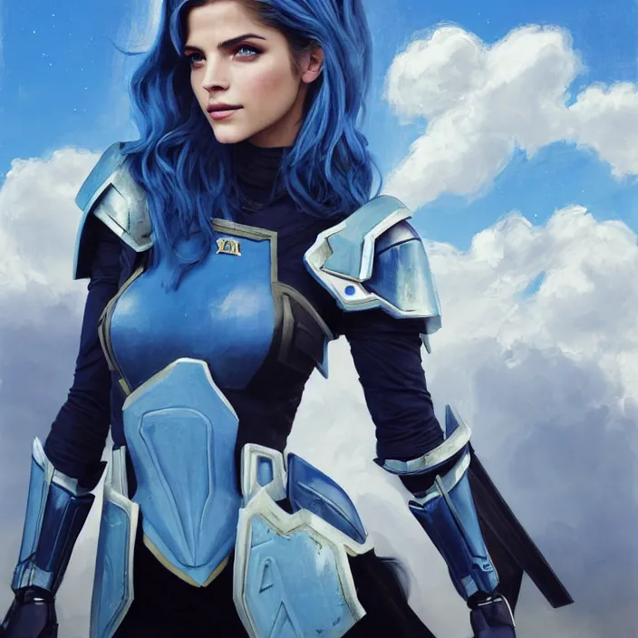 Image similar to portrait of a combination of Ashley Greene, Katheryn Winnick, Victoria Justice, Adriana Dxim, Grace Kelly and Emma Watson with blue hair wearing Interceptor's armor from Anthem, countryside, calm, fantasy character portrait, dynamic pose, above view, sunny day, thunder clouds in the sky, artwork by Jeremy Lipkin and Giuseppe Dangelico Pino and Michael Garmash and Rob Rey and Greg Manchess and Huang Guangjian, very coherent asymmetrical artwork, sharp edges, perfect face, simple form, 100mm