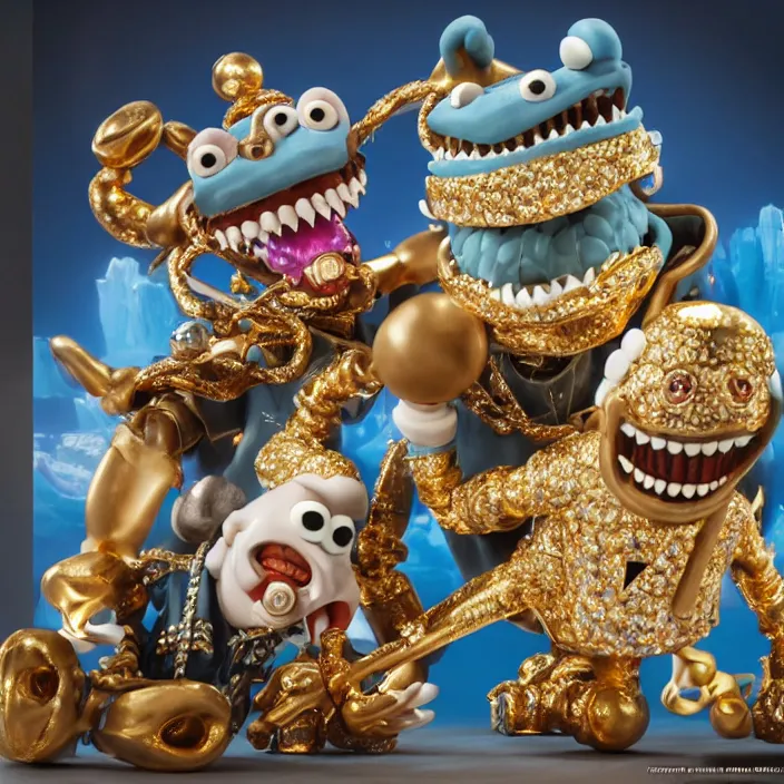 Prompt: jeff koons hip hop style street sharks wearing diamond grillz and a ton of bussdown iced gold bling in wallace & gromit claymation, ultra realistic, concept art, intricate details, serious, highly detailed, photorealistic, octane render, 8 k, unreal engine, art by todd mcfarlane and artgerm and greg rutkowski and alphonse mucha