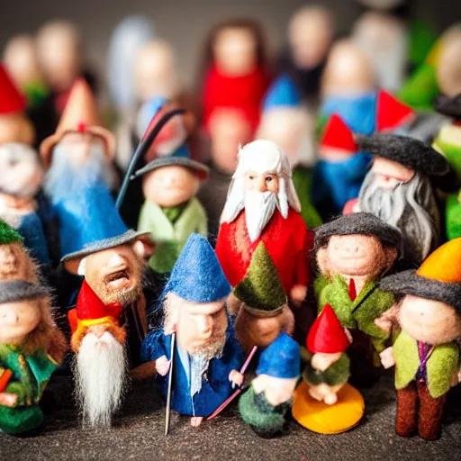 Image similar to felt point figures of bilbo's birthday party, gandalf, fireworks, frodo, pippin, merry, cute, tilt shift, award winning, highly textured