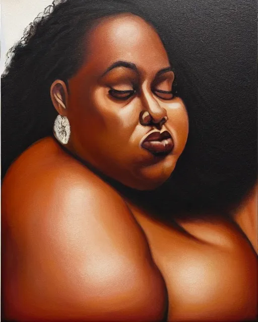 Prompt: upper body portrait of a gorgeous black woman, obese, muscular, wearing bikini. oil on canvas, black oil bath, illustration. beautiful face!!!