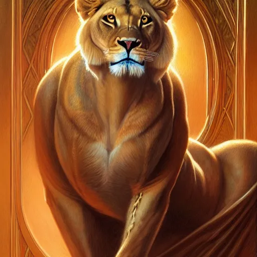 Image similar to highly detailed portrait of a majestic lioness queen in the form of a beautiful woman. d & d. art by donato giancola, chris rallis, anna dittmann, alberto vargas. trending on artstation, intricate details, energetic composition, golden ratio, concept art, illustration, elegant art, global illuminaition