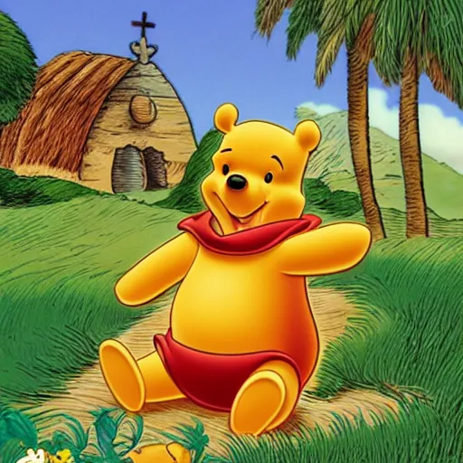 Prompt: Winnie the pooh, palms out, jesus, farm in the background, Aut inveniam viam aut faciam in latin as a rustic logo at the top, hyper-realistic, sharp focus, detailed