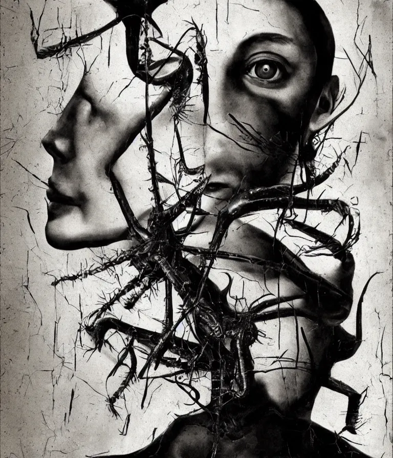 Image similar to Beautiful Minimalist!! Horror Movie Poster made for the film Kafka's the Metamorphosis (1952) Starring Peter Lorre as an insect and Directed by Fritz Lang, photo collage and oil painting by H R Giger and Hans Bellmer and Man Ray, trending on artstation dramatic lighting minimalist! collage 8k