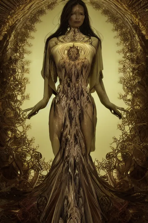 Prompt: a realistic dark photo of a beautiful ancient alien woman goddess nataraja kate moss standing in iris van herpen dress jewelery and fractals in style of alphonse mucha art nuvo dmt trending on artstation made in unreal engine 4