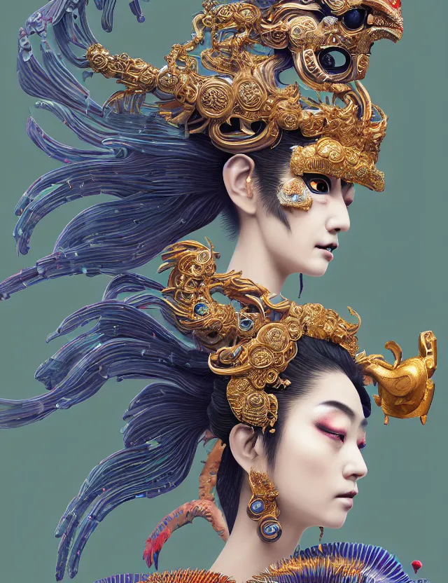 Image similar to 3 d goddess close - up profile portrait with crown, ram skull. beautiful intricately detailed japanese crow kitsune mask and clasical japanese kimono. betta fish, jellyfish phoenix, bio luminescent, plasma, ice, water, wind, creature, artwork by tooth wu and wlop and beeple and greg rutkowski