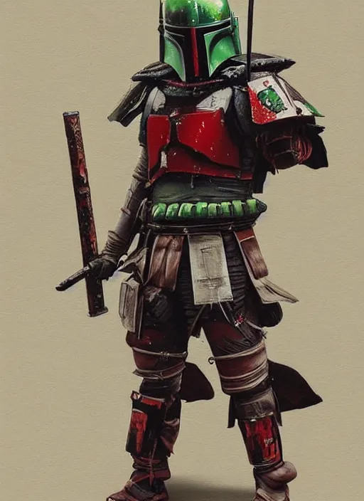 Image similar to a japanese samurai but his armor is inspired by boba fett's, very detailed oil painting, dark and realistic, japanese art art