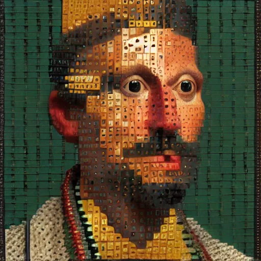 Image similar to portrait photo of a man with Iroquois made from video card parts pixels and voxels and computers, Perfect face, extremely high details, realistic, by Giuseppe Arcimboldo, Edward Hopper, Rene Margitte