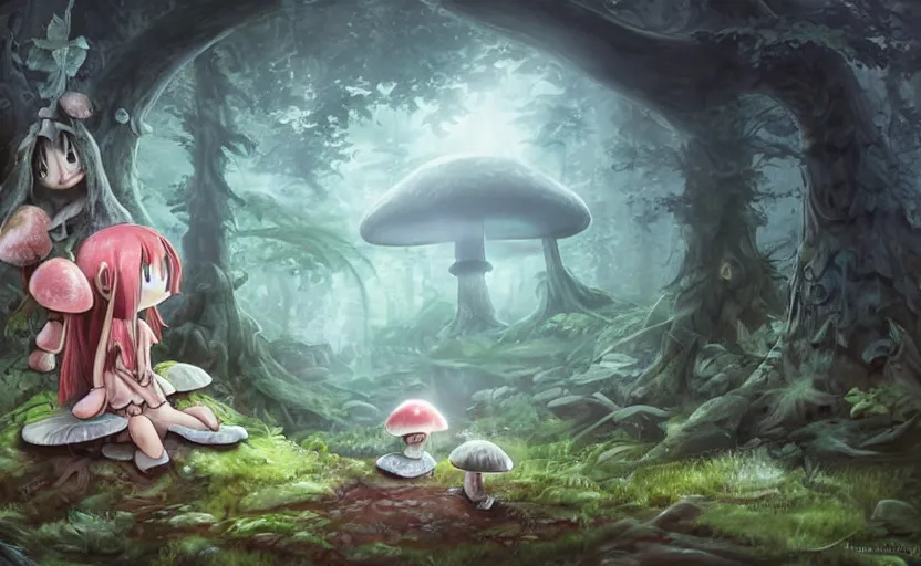 Image similar to cute little girl with an long hair wearing an mushroom hat in the dark forest next to a sinister monster, cute artwork, clean detailed art, inspired made in abyss, detailed background, fantastic world, spectacular quality