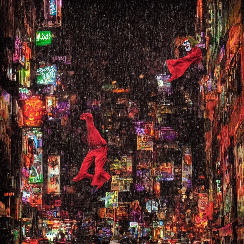 Image similar to flash photography of the joker on the lower east side by annie leibovitz, colorful!!, nighttime!, raining!