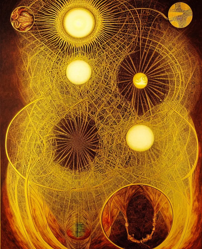 Prompt: a golden child radiates a unique canto'as above so below'while being ignited by the spirit of haeckel and robert fludd, breakthrough is iminent, glory be to the magic within, in honor of saturn, painted by ronny khalil