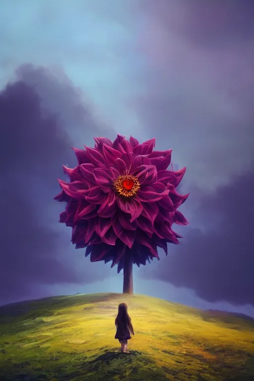 Image similar to closeup giant dahlia flower as head, girl standing on mountain, surreal photography, blue storm clouds, dramatic light, impressionist painting, digital painting, artstation, simon stalenhag