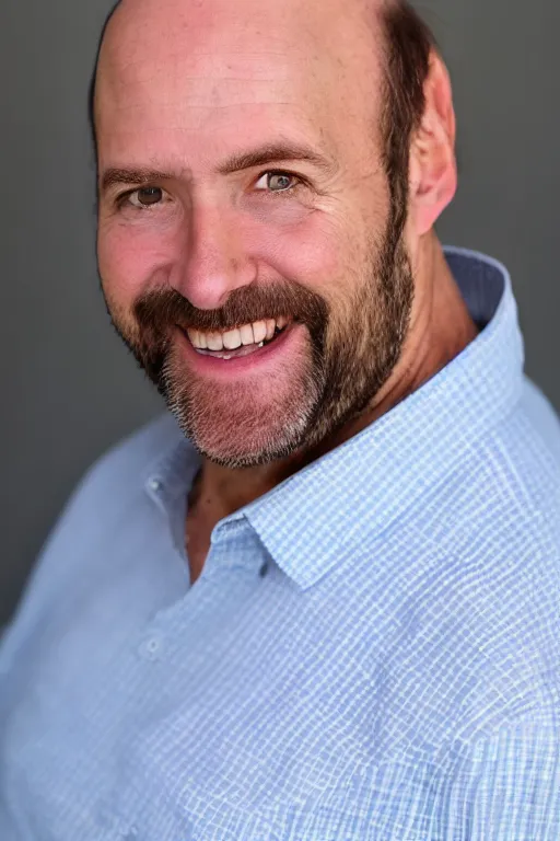 Image similar to full body color photograph of a balding, middle aged, brown haired, hairy, blue eyed, round faced, short white man dressed in a white shirt, smiling at the camera with perfect, straight white teeth