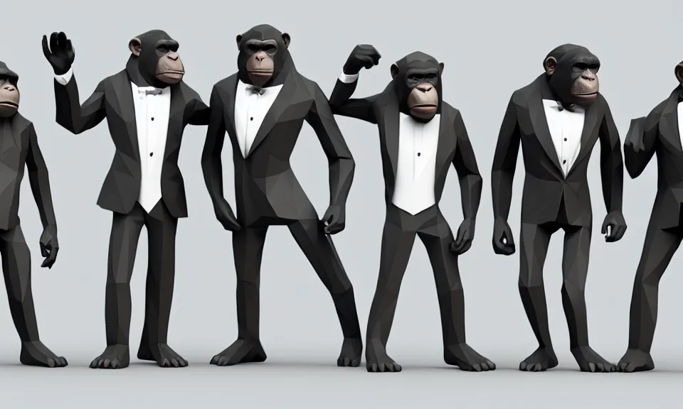 Prompt: Five apes against two millionaires wearing tuxedos. Low Poly.