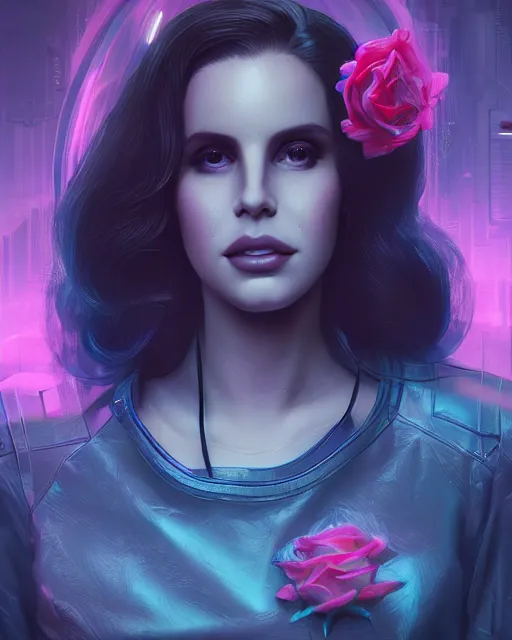 Image similar to portrait of lana del rey as a cyberpunk cyborg. roses, sci - fi, missing panels, intricate abstract upper body intricate artwork, by tooth wu, wlop, beeple, dan mumford. concept art, octane render, deviantart, greg rutkowski, cinematic, key art, hyperrealism, iridescent accents