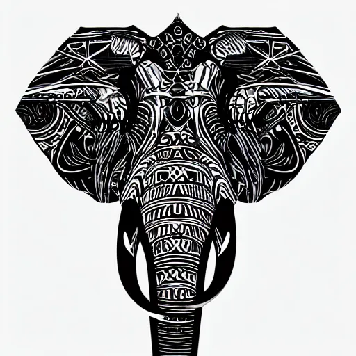 Image similar to a stylized elephant skull, geometric patterns, front view, black background, unreal engine, concept art, album cover