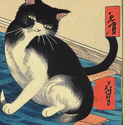 Image similar to “ a cat on a hot tin roof, by hokusai ”