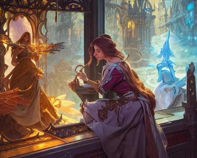 Image similar to shop window for magical weapons, close up shopkeeper, magic sword, deep focus, d & d, fantasy, intricate, elegant, highly detailed, digital painting, artstation, concept art, matte, sharp focus, illustration, hearthstone, art by artgerm and greg rutkowski and alphonse mucha