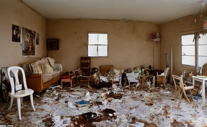 Image similar to living room interior of a white trash family, dirty walls, brown tiled floor, white plastic garden chairs, ashtray, dirty beige deep pile rug, 1990s oak wood furniture