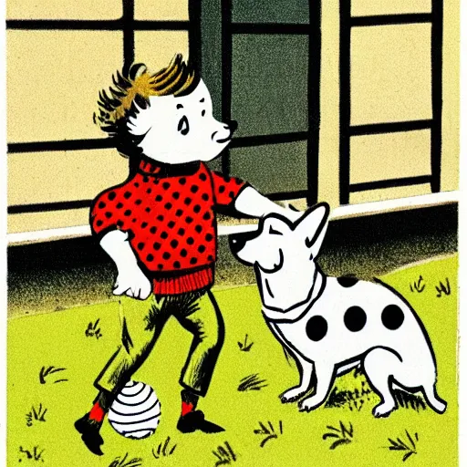 Image similar to illustration of french boy on the streets of paris playing football against a corgi, the dog is wearing a polka dot scarf, comic, 1 9 6 3