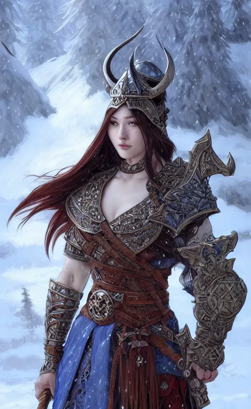 Image similar to azure viking warrior, regal, elegant, winter, snow, beautiful, stunning, hd, illustration, epic, d & d, fantasy, intricate, elegant, highly detailed, wide angle, digital painting, artstation, concept art, smooth, sharp focus, illustration, wallpaper, art by artgerm and greg rutkowski and alphonse mucha and jin xiaodi