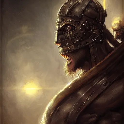 Image similar to handsome portrait of a spartan guy bodybuilder posing, radiant light, caustics, war hero, dark souls, by gaston bussiere, bayard wu, greg rutkowski, giger, maxim verehin