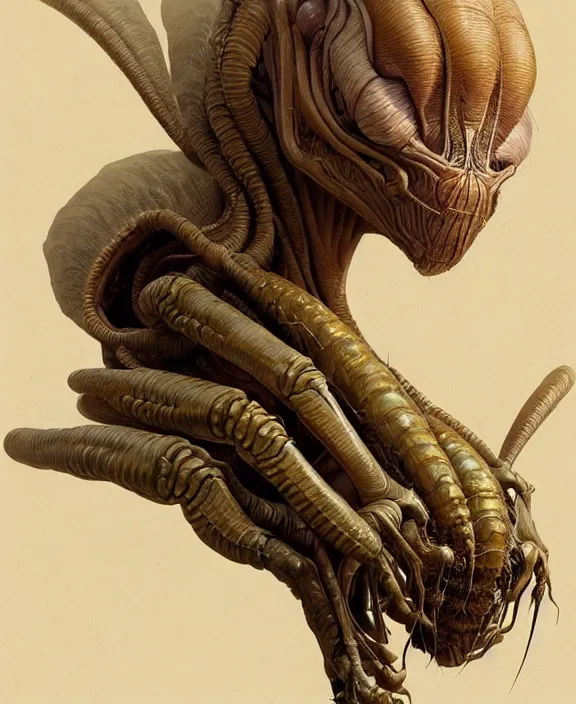 Image similar to intricate earth - toned portrait of a disturbing terrifying alien insect creature, mottling coloring, adorable, childlike, medical equipment hospital environment, ultra realistic, concept art, art nouveau, photorealistic, octane render, 8 k, unreal engine. art by christopher marley and artgerm and greg rutkowski and alphonse mucha