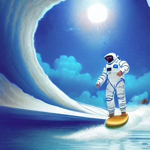 Prompt: a beautiful digital painting of an astronaut in a white and royal blue luxurious space suit surfing a tsunami on a chic surfboard at Pamukkale, thermal waters flowing down gold travertine terraces by greg rutkowski, award winning photo, trending on artstation, highly detailed, unreal engine, octane render