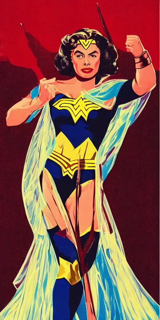 Prompt: ingrid bergman as wonder woman. colourful. 1 9 5 0 s. symmetrical. beautiful. powerful.