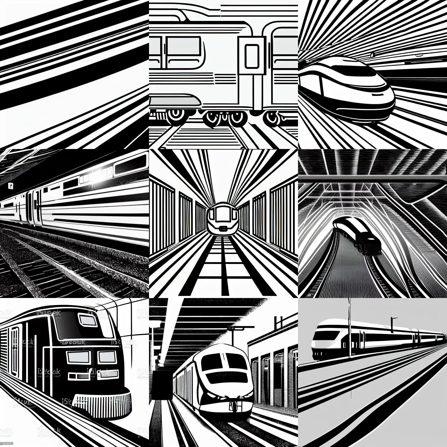 Prompt: a black and white, moody, extremely stylish, minimalistic vector art illustration of a train in a train station. professional website.