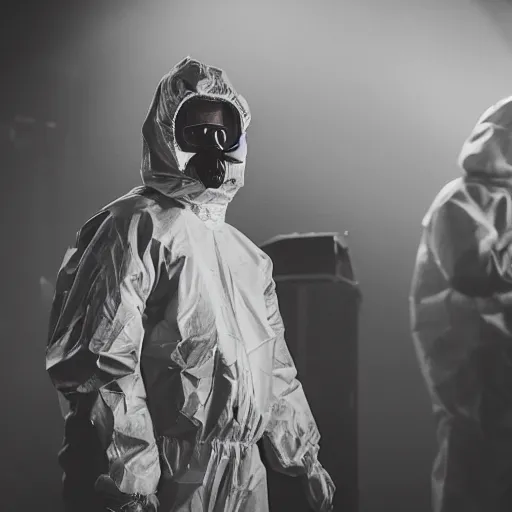 Prompt: hazmat suit rock concert, dslr 5 0 mm, photo