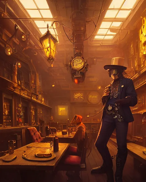 Image similar to highly detailed surreal vfx portrait of a steampunk cowboy in a cyberpunk saloon, stephen bliss, unreal engine, greg rutkowski, loish, rhads, beeple, makoto shinkai and lois van baarle, ilya kuvshinov, rossdraws, tom bagshaw, alphonse mucha, global illumination, detailed and intricate environment