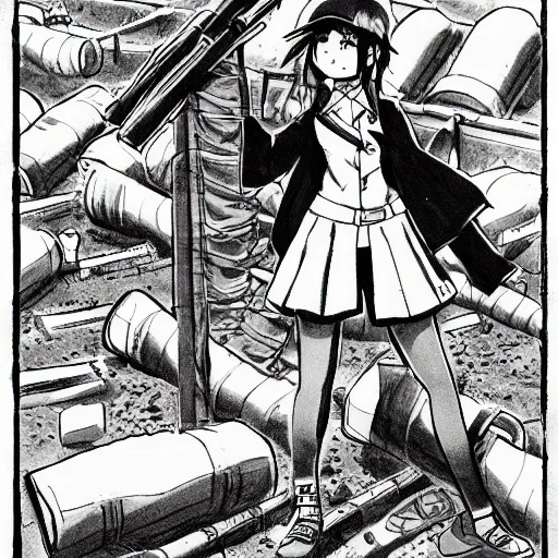 Image similar to manga style, clean simple line art, portrait of girl, under artillery fire, trench sandbags in background, well composed, soldier clothing, short hair, hair down, symmetrical facial features, marvel comic, detailed drawing, trending in japan, by masashi kishimoto