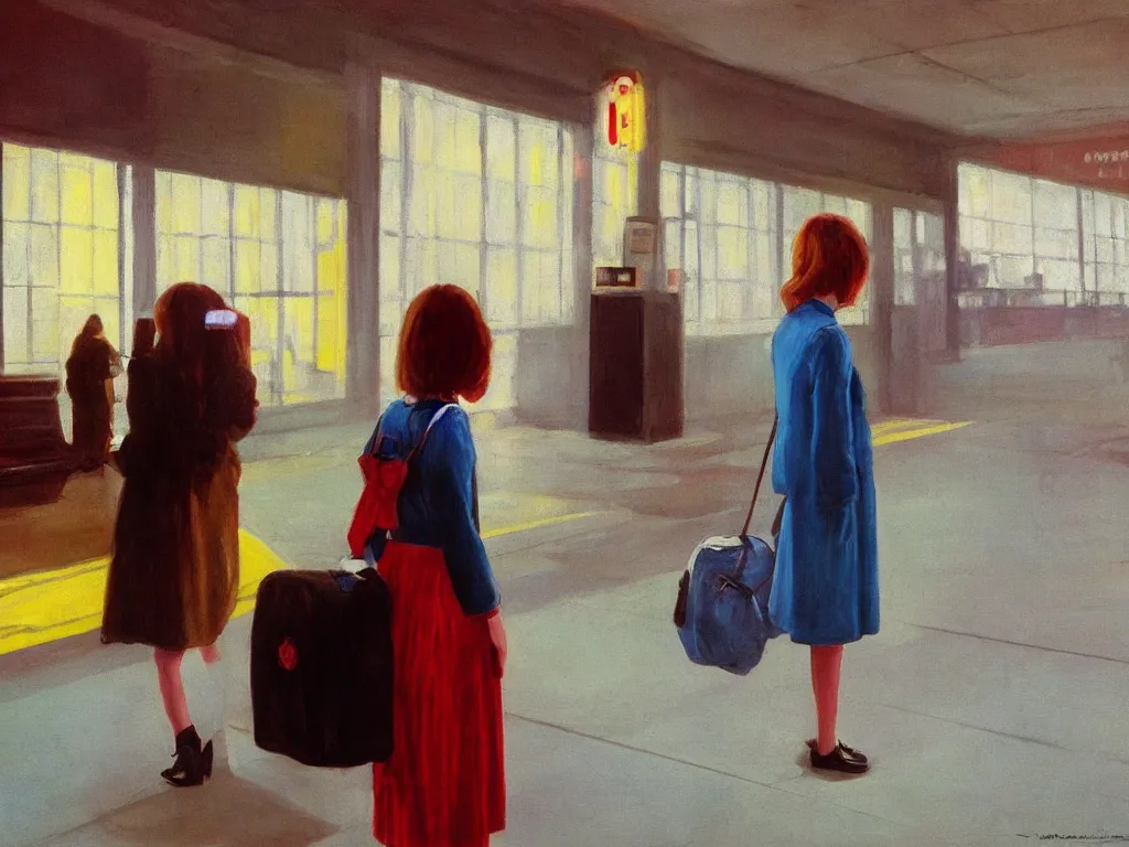 Prompt: lone girl waiting for the train in a half remembered dream, stanley kubrick the shinning, vibrant colors americana, cinematic, volumetric lighting, realistic, detailed, painting in the style of Edward Hopper