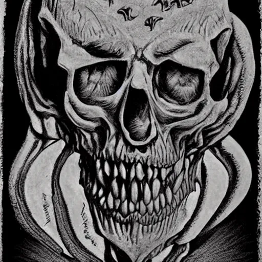 Prompt: high quality rendition of a horrifying man eater by m night shamalan, steven king and h. p. lovecraft. this will keep me up at night. haunting ghoulish skull figure like m. c escher style.
