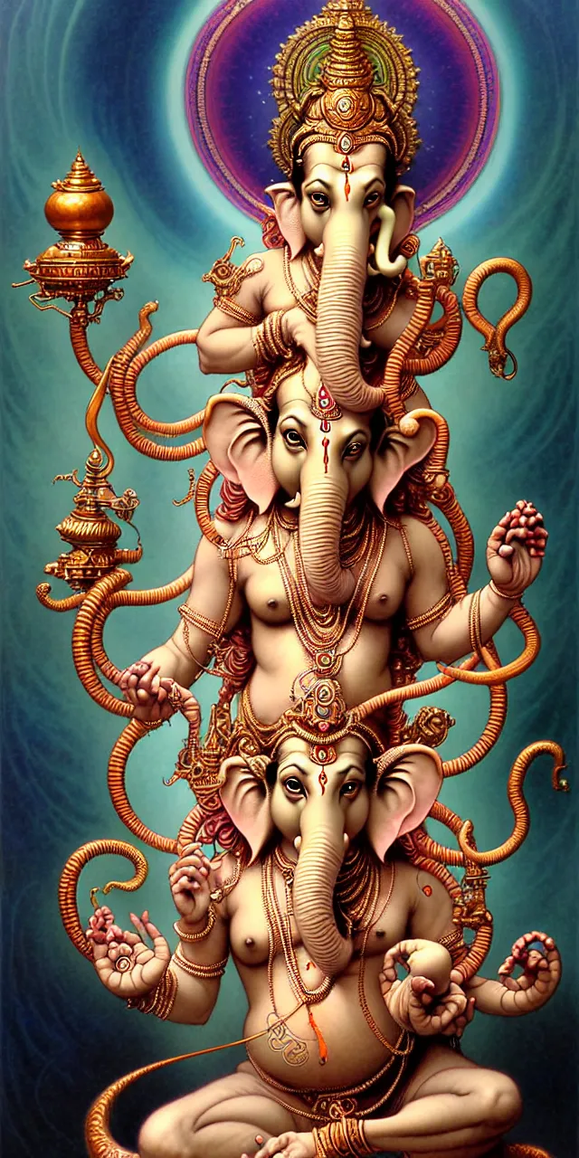 Image similar to beautiful hindu god vinayak ganapati ganesh art nouveau fantasy character portrait, ultra realistic, intricate details, the fifth element artifacts, highly detailed by peter mohrbacher, hajime sorayama, wayne barlowe, boris vallejo, aaron horkey, gaston bussiere, craig mullins alphonse mucha, arty nouveau curves and spirals,