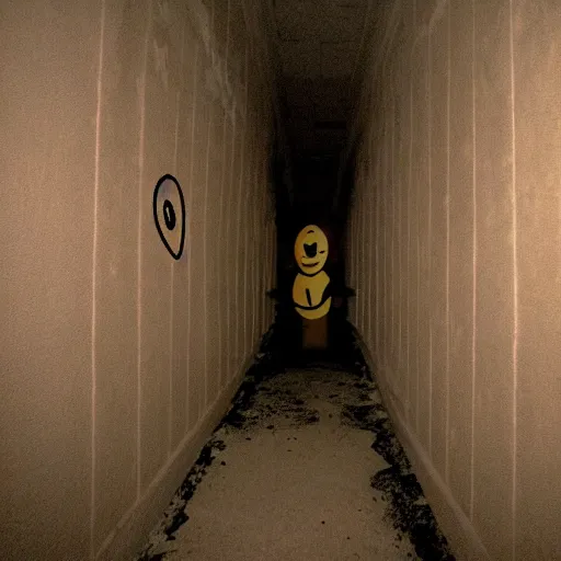 Image similar to found footage of a horrifying creepy narrow hallway with a glowing smiley face at the end, liminal space, very dark lighting, horror scene
