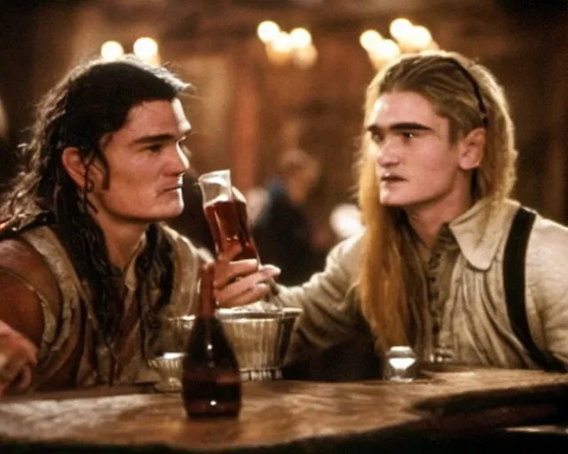 Image similar to Will Turner and Legolas drinking cola in the pub, film still, high detail