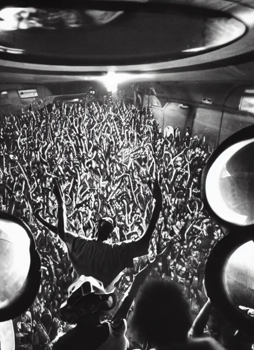 Prompt: analogue photo of an African tribal DJ and crowd on a spaceship, planet earth as seen from space in big porthole window, wide angle,