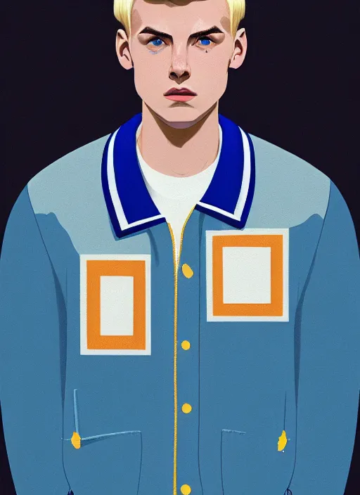 Image similar to portrait of a high school senior boy named moose mason, blonde short hair, jock, beefy, square jaw, square facial structure, 1 9 5 0 s, blue varsity jacket, intricate, elegant, glowing lights, highly detailed, digital painting, artstation, concept art, smooth, sharp focus, illustration, art by wlop, mars ravelo and greg rutkowski