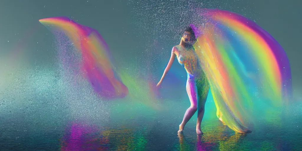 Image similar to a dancing godess enrobed in water mist rainbow in a puddle splattering water, mist, vapour, iridiscent, rainbow, microsecond, 1 / 8 0 0 0 8 k, octane render, unreal engine, ue 5, photoshop, maya, ray tracing