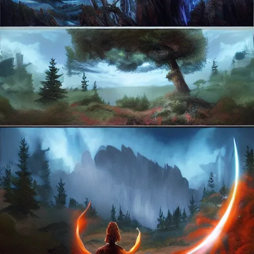 Image similar to bob ross comic book scene of an epic portal being exited by a god, cinematic, realistic, beautiful scenery, matte painting, highly detailed, octane render, unreal engine