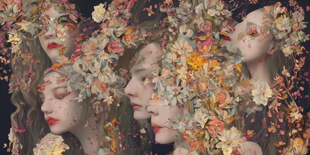 Image similar to breathtaking detailed concept art painting kaleidoscope art deco pattern of blonde faces goddesses amalmation flowers, by hsiao - ron cheng, bizarre compositions, exquisite detail, extremely moody lighting, 8 k