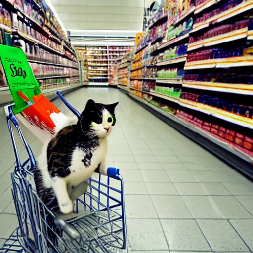 Prompt: photo of a cat pushing a shopping cart in a grocery store