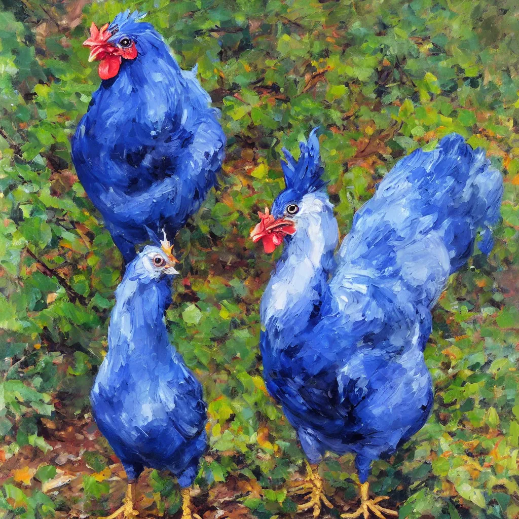 Prompt: blue chicken in the forest. by Michael Garmash. 4k