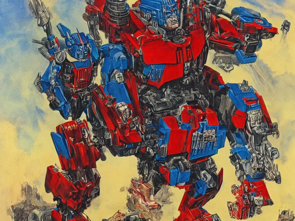 Image similar to a detailed color illustration of optimus prime riding a fat pony, in the style of frank frazetta. sharp focus.